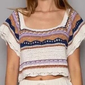 POL Womens Crochet Knit Crop Top‎ Multi Color Striped Square Neck Medium (1201)